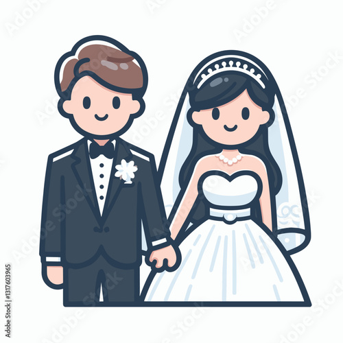Charming Wedding Illustration of a Groom and Bride Holding Hands together