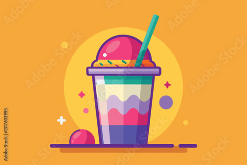 A bright and fun slush drink illustration featuring colorful layers and a straw on a vibrant background, Slush Customizable Semi Flat Illustration