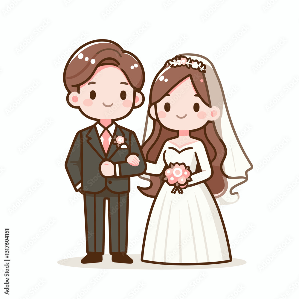 Charming cartoon illustration of a newly married couple on their wedding day Charming cartoon illustration of a newly married couple on their wedding day