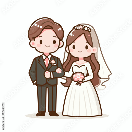 Charming cartoon illustration of a newly married couple on their wedding day
