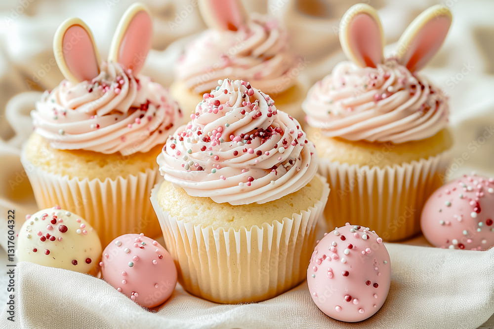 Easter sweets, pastel colors. Sugar bunny ears in holiday baking.