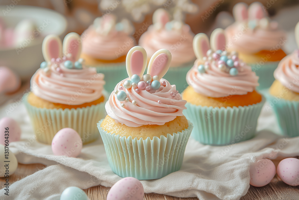 Easter sweets, pastel colors. Sugar bunny ears in holiday baking.
