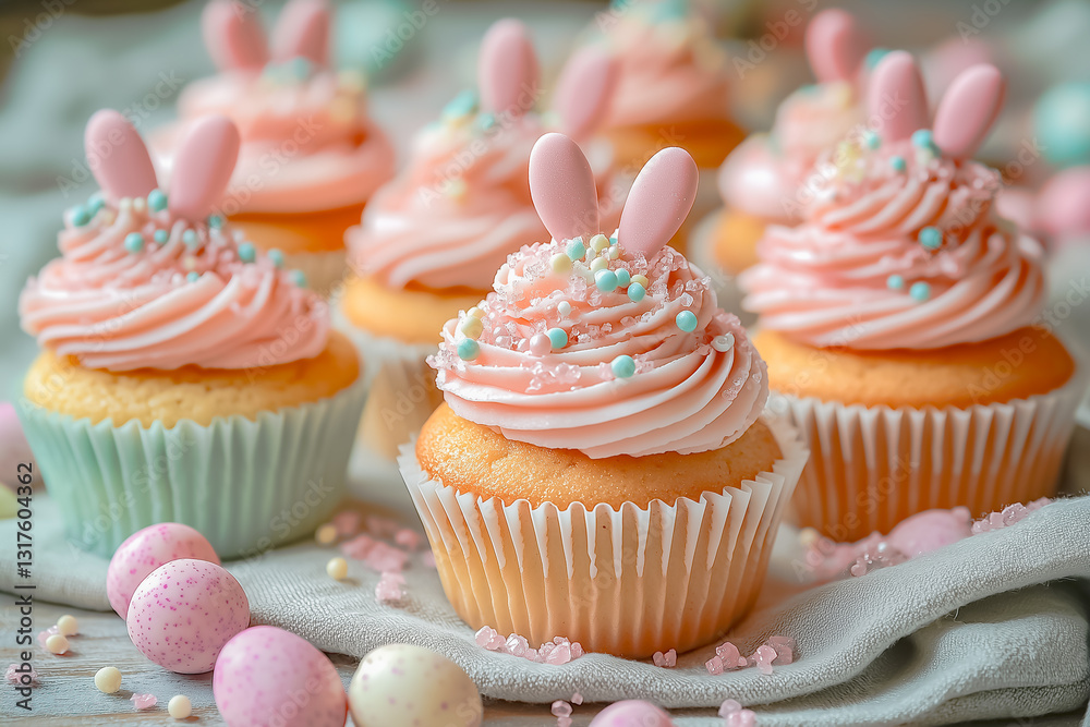 Easter sweets, pastel colors. Sugar bunny ears in holiday baking.