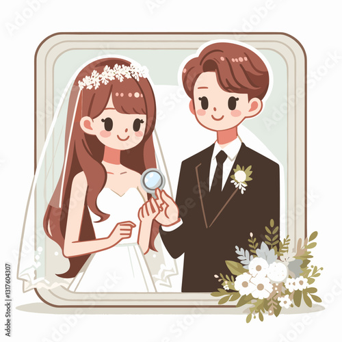 Cute wedding cartoon illustration showcasing groom and bride with love and joy