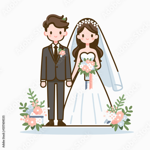 Charming cartoon illustration showcasing a newly married couple in formal attire
