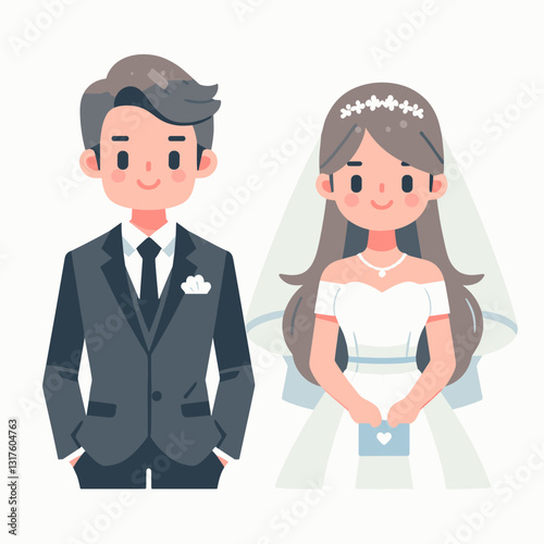Charming cartoon illustration depicting a happy bride and groom on their wedding day