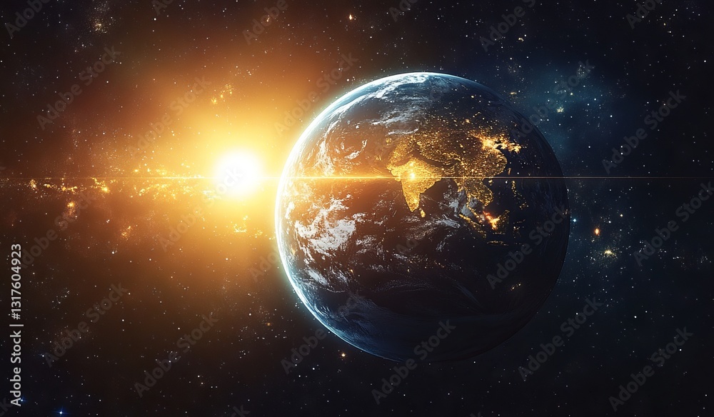 Naklejka premium Space Illustration of the Suns Corona, Earth, and the Moon with Distance Indicator
