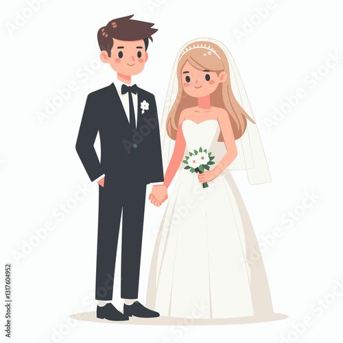 Stylized wedding portrait of a young couple holding hands, full illustration