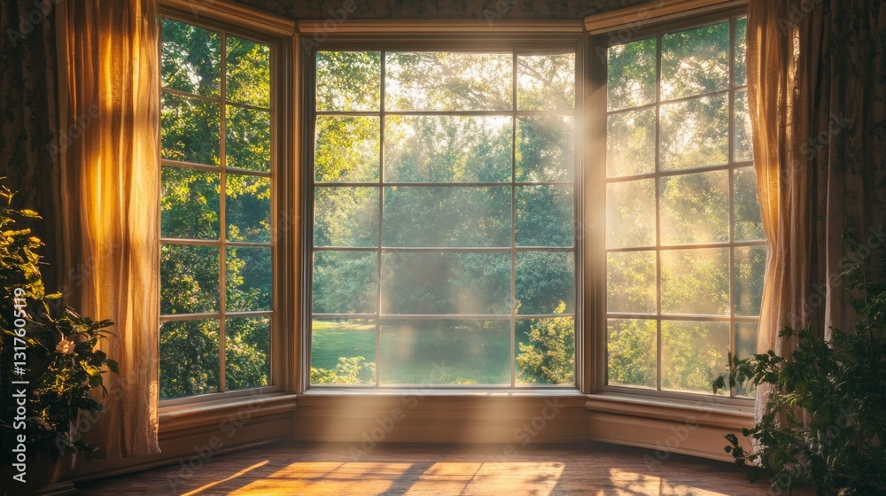 Fototapeta premium Bright Sunlight Streaming Through Cozy Window in Lush Greenery