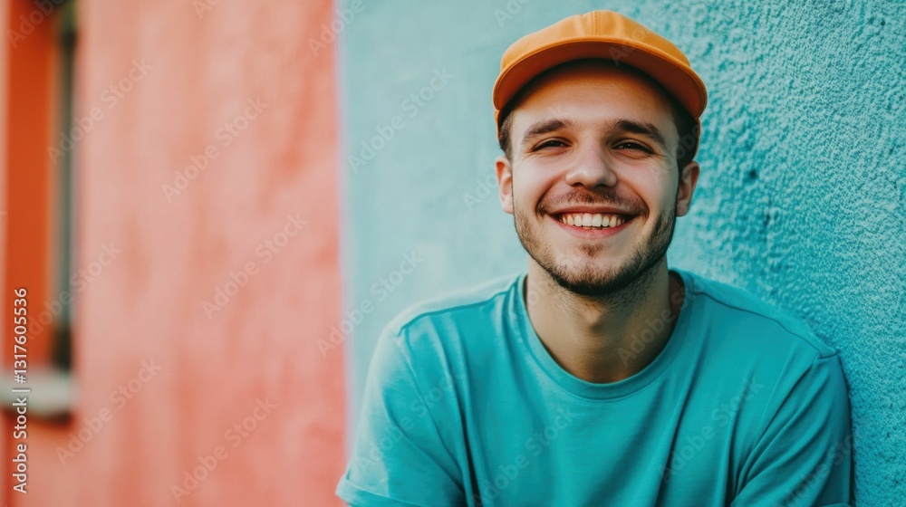 Portrait of cheerful hipster guy in trendy street look excited with idea of free time waiting for call on promotional background, smiling blogger dressed in textile t-shirt and cap posing on wall Portrait of cheerful hipster guy in trendy street look excited with idea of free time waiting for call on promotional background, smiling blogger dressed in textile t-shirt and cap posing on wall