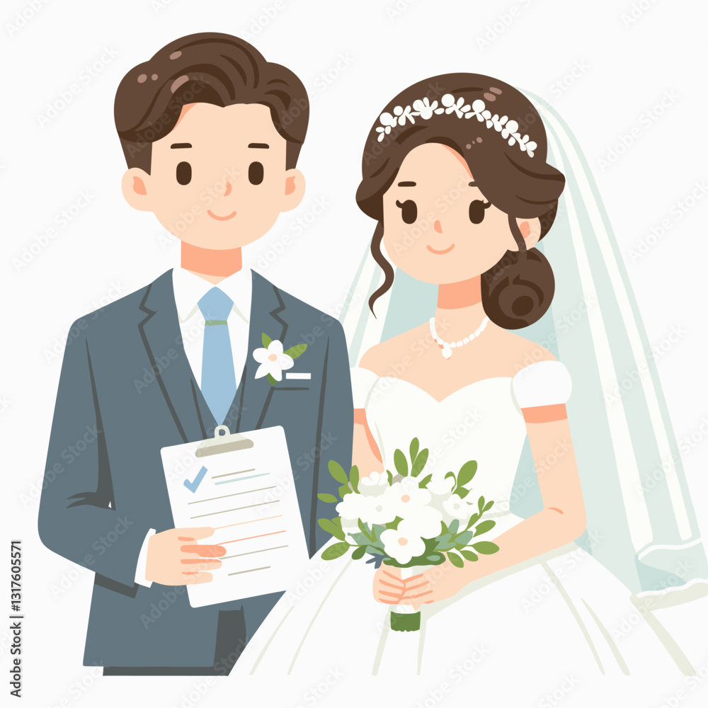 Cute cartoon illustration of bride and groom holding marriage checklist Cute cartoon illustration of bride and groom holding marriage checklist