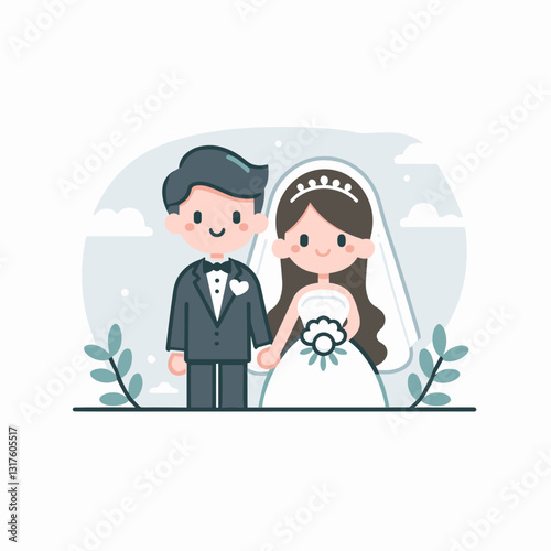 Adorable Cartoon Wedding Couple Vector Illustration, Celebrating Love
