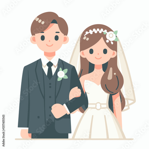 Illustrative wedding portrait of bride and groom in formal attire smiling happily