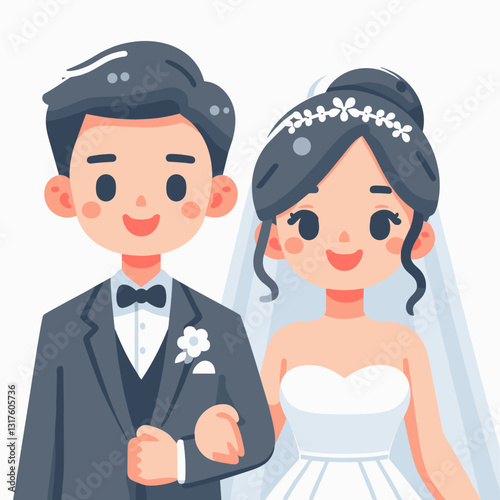 Adorable Cartoon Wedding Couple Illustration with Charming and Minimalistic Design