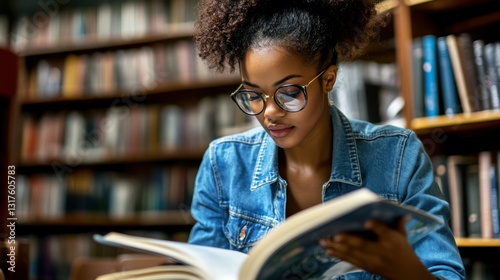 Attractive female student in stylish denim apparel reading information from knowledge textbook and analyzing plan for course work, dark skinned hipster girl learning and preparing to university exams