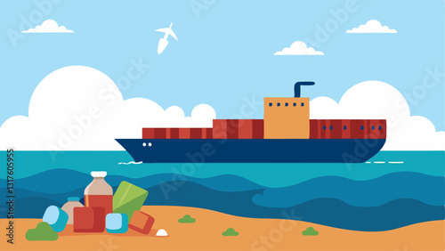 Ship Overflowing with Plastic A cargo ship filled with large bags of plastic waste docked at a shore with the bags spilling over the side onto the beach.