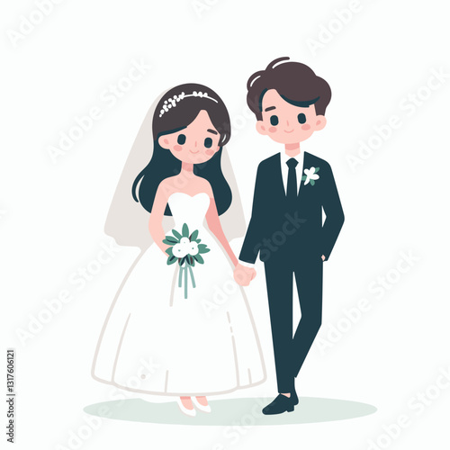 Charming Cartoon Wedding Couple Illustration with Tender Hand Holding Scene