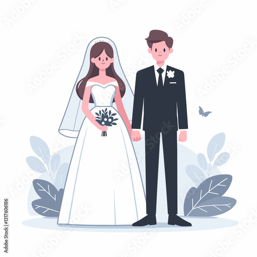 Illustrative minimalist wedding couple sharing love with decorative foliage