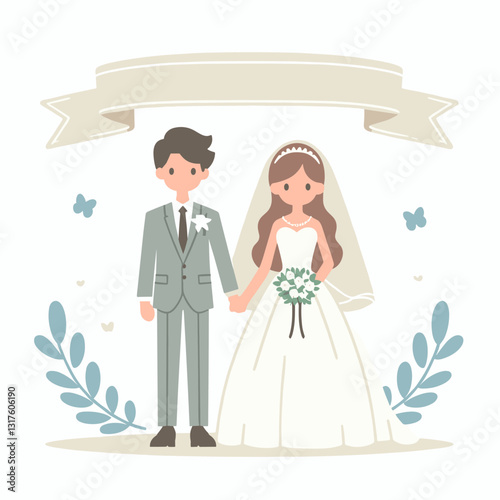 Stylized Cartoon Wedding Couple Illustration with Banner and Botanical Accents