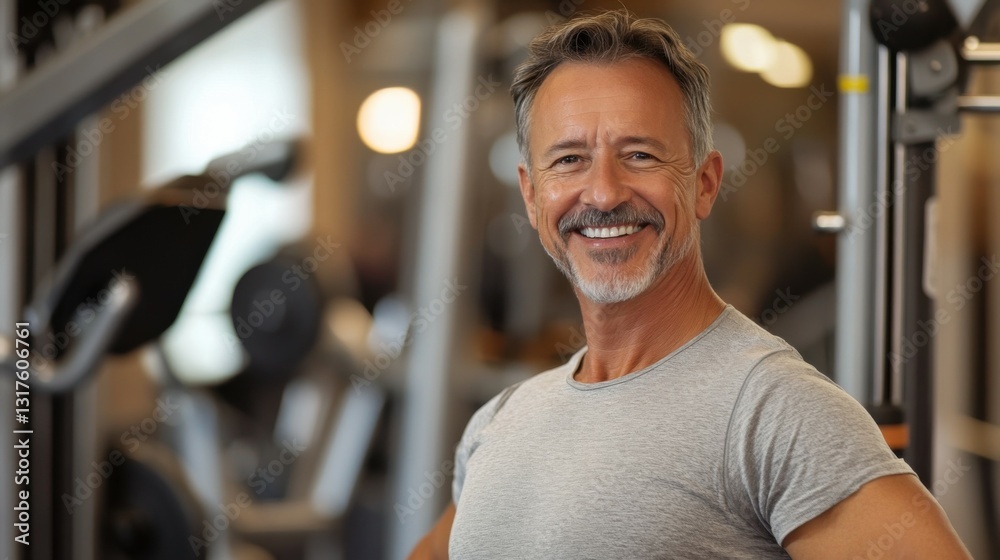 Fototapeta premium Gym, a smiling portrait of a man in his fifties exercising at a health club