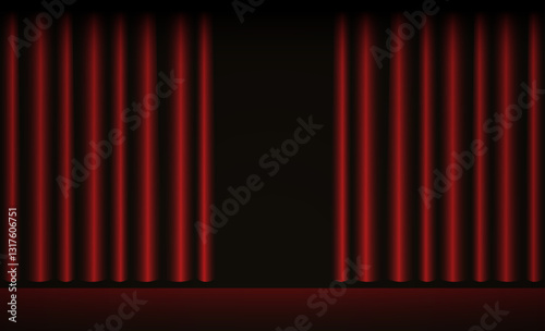 Opened Silky Red Curtains With Stage, Dark Background. Vector Illustration
