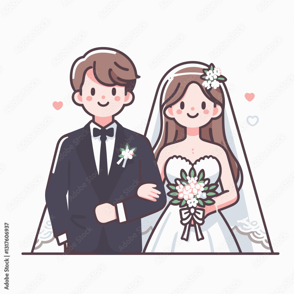 Charming cartoon wedding couple illustration full of love and happiness Charming cartoon wedding couple illustration full of love and happiness
