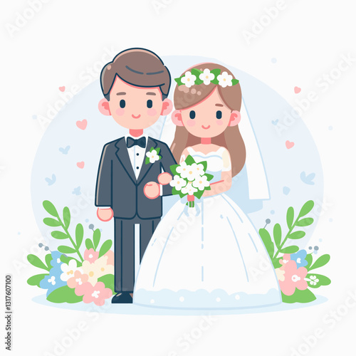 Charming cartoon illustration capturing a wedding couple's special moment