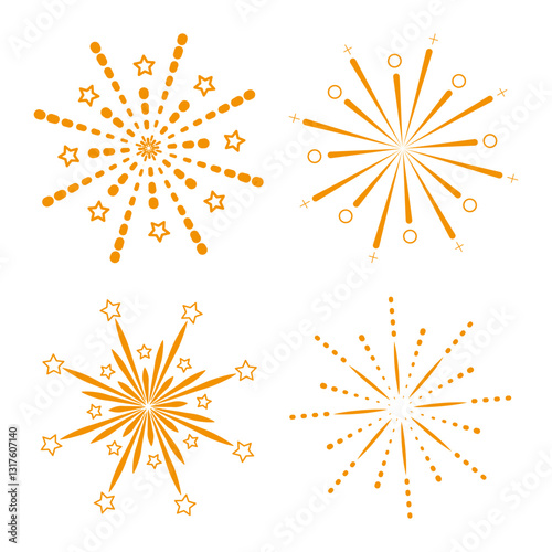 Set of orange color fireworks. Vector illustration of fireworks. Suitable for New Year Festival, 4th of July, Diwali, Chinese New Year, Ramadan, Christmas, Halloween, Party, Festival. Banner, Backgrou