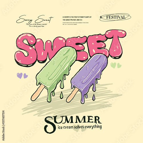 Ice Cream illustration with sweet summer slogan.  ice cream vector illustration design. funny graphics summer and ice cream vector illustration design for fashion graphics, kids girls t shirt prints,