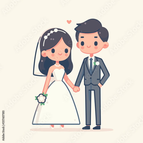 Cute Wedding Couple Holding Hands, Vector Illustration for Celebrations