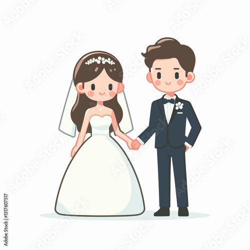 Charming cartoon illustration of a wedding couple holding hands and smiling