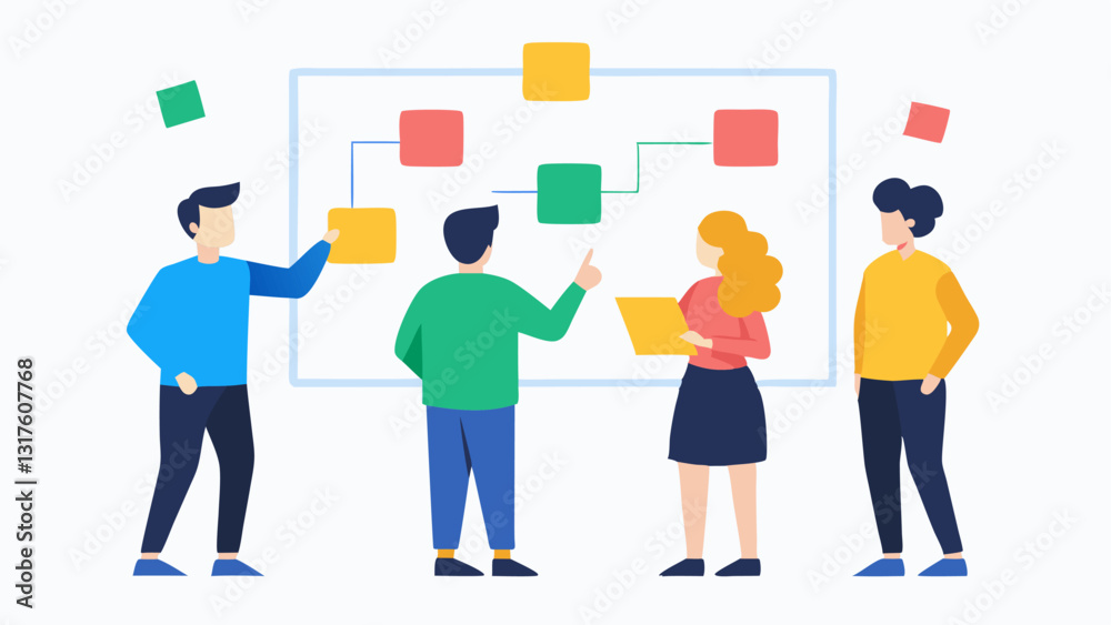 Obraz premium ProblemSolving Session A group of colleagues brainstorming ideas together with sticky notes and diagrams on a whiteboard representing collaborative problem solving as a way to