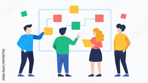 ProblemSolving Session A group of colleagues brainstorming ideas together with sticky notes and diagrams on a whiteboard representing collaborative problem solving as a way to