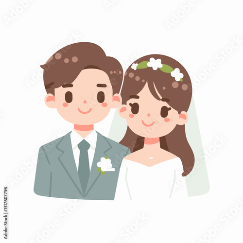 Charming cartoon illustration of a happy newlywed couple in wedding attire