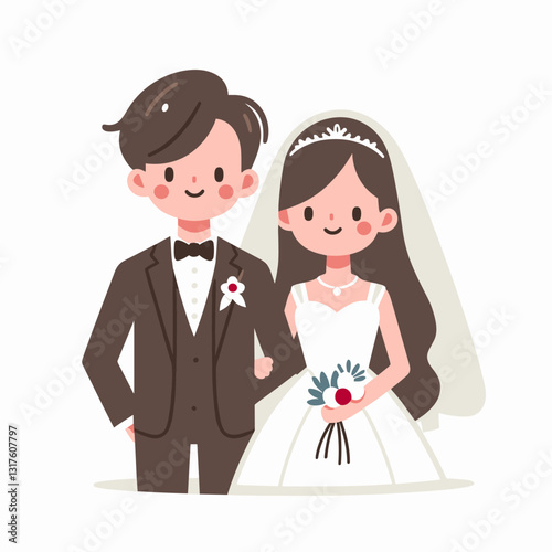 Stylized cartoon illustration of a newly married couple's joyful union