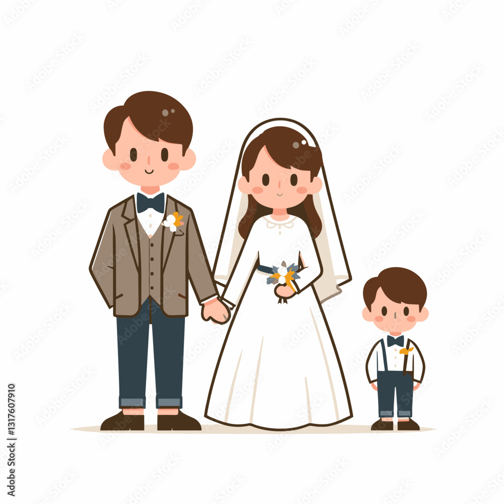 Charming Cartoon Wedding Portrait of a Happy Family with a Little Boy Charming Cartoon Wedding Portrait of a Happy Family with a Little Boy