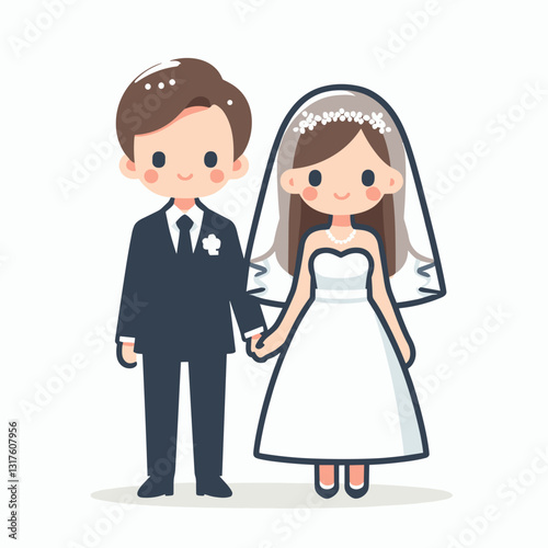 Charming cartoon illustration of a newlywed couple holding hands happily
