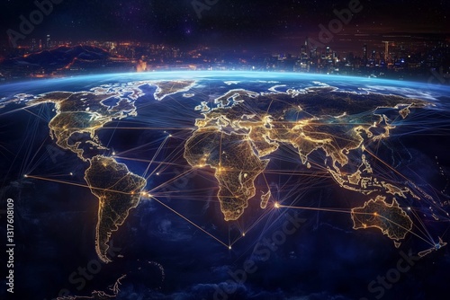 Map of world with trading paths and points 