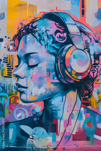 Music streaming icons embedded in surrealism art graffiti walls