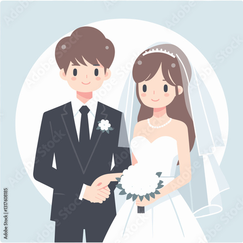 Charming Cartoon Wedding Couple Illustration in Elegant Formal Attire
