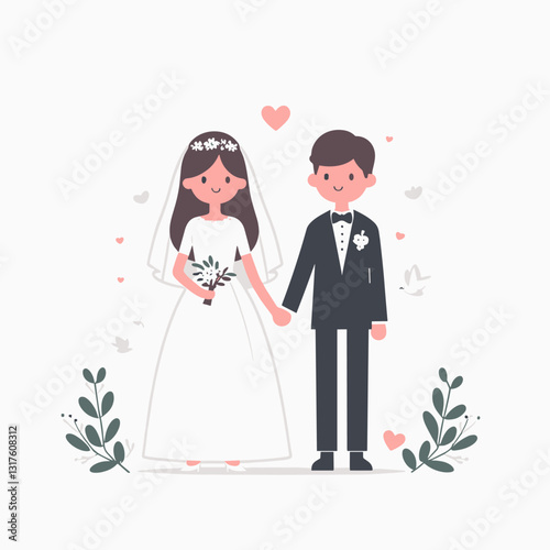 Charming Cartoon Wedding Illustration with Loving Couple and Floral Accents