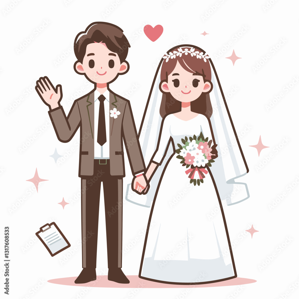 Charming Cartoon Wedding Couple Holding Hands in Elegant Attire and Celebration Charming Cartoon Wedding Couple Holding Hands in Elegant Attire and Celebration