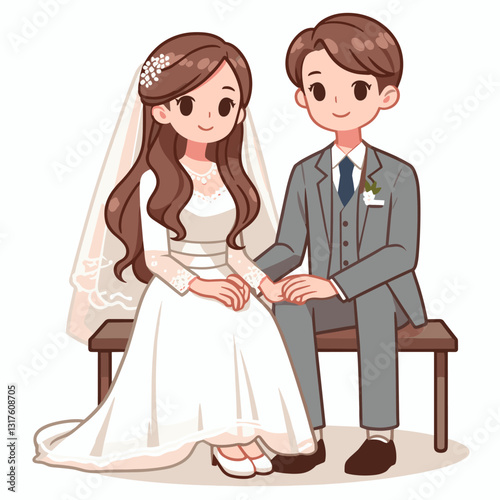 Romantic wedding cartoon illustration of a bride and groom sitting together