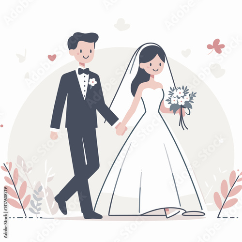 Elegant wedding vector illustration of a cheerful bride and groom