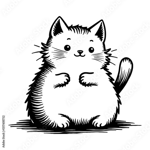 Cute Chibi Kawaii Chubby Cat Sitting Down Detailed Black and White Outline Line Art Drawing