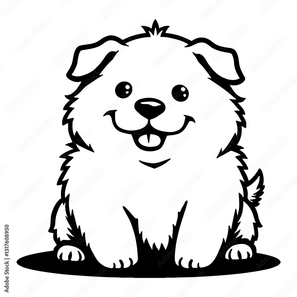 Fototapeta premium Cute Chibi Kawaii Chubby Dog Sitting with Happy Face Black and White Outline Line Art Drawing
