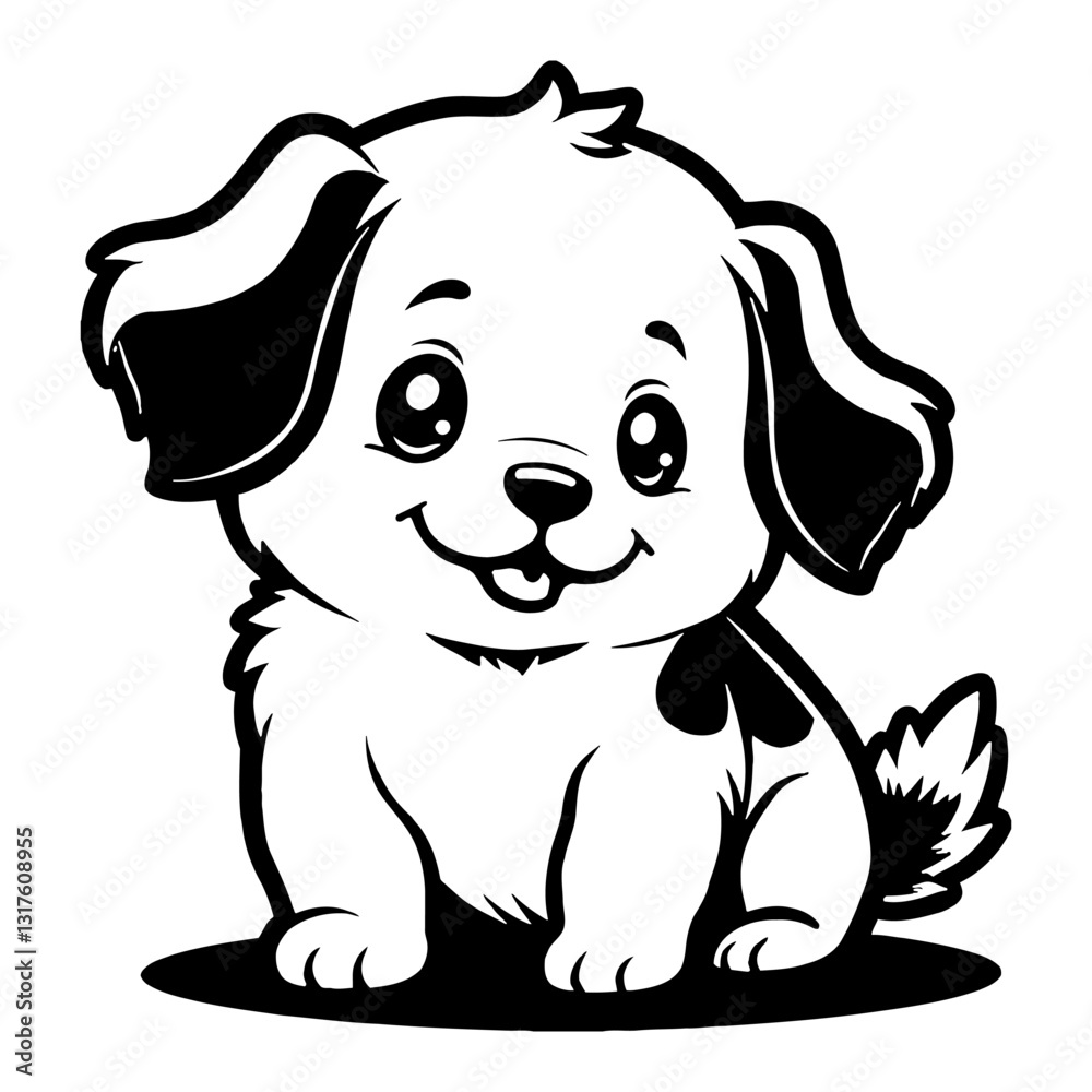Cute Chibi Kawaii Chubby Puppy Dog with Big Eyes Smiling Black and White Outline Line Art Drawing Cute Chibi Kawaii Chubby Puppy Dog with Big Eyes Smiling Black and White Outline Line Art Drawing