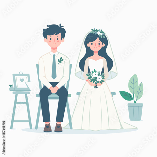 Charming cartoon illustration of a bride and groom on their wedding day