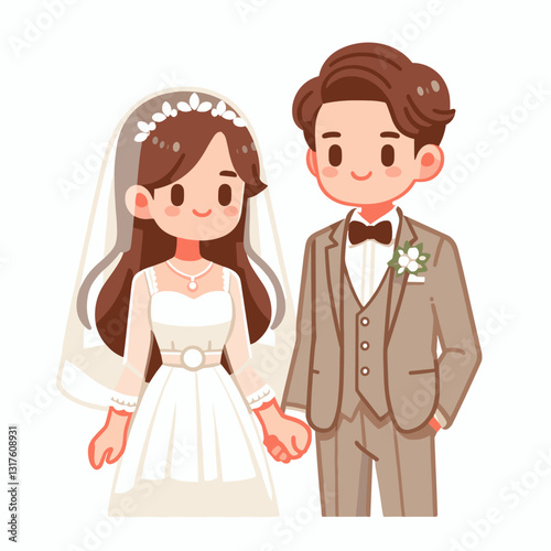 Charming Cartoon Wedding Couple Holding Hands Illustration in Minimalist Style