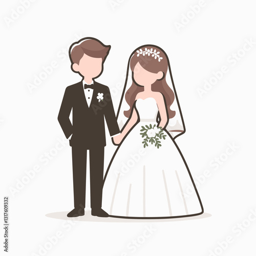 Stylized wedding illustration of a happy couple holding hands in their wedding day